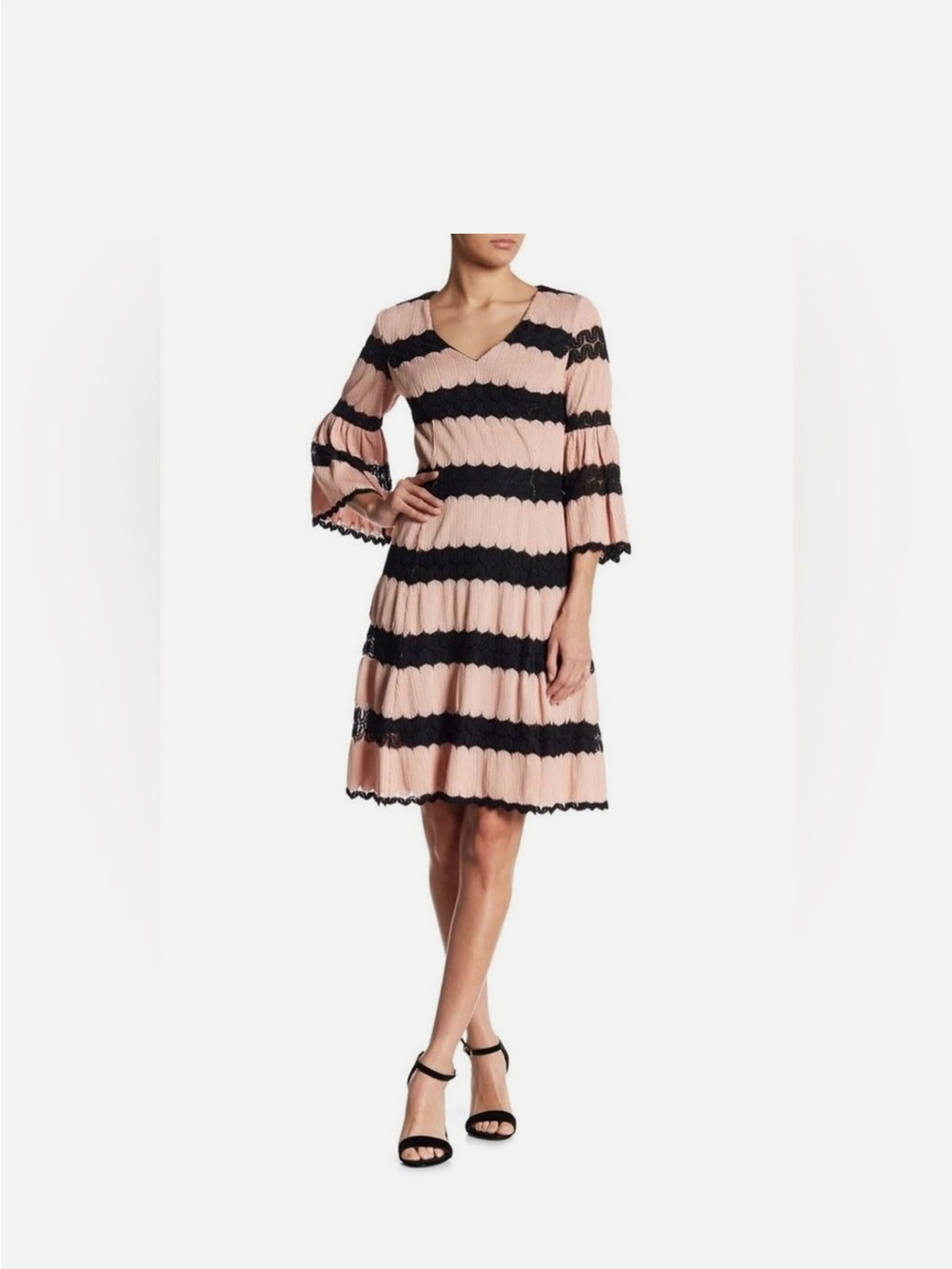 Just Taylor Pink and Black Striped Lace-Trim Midi Dress size 6